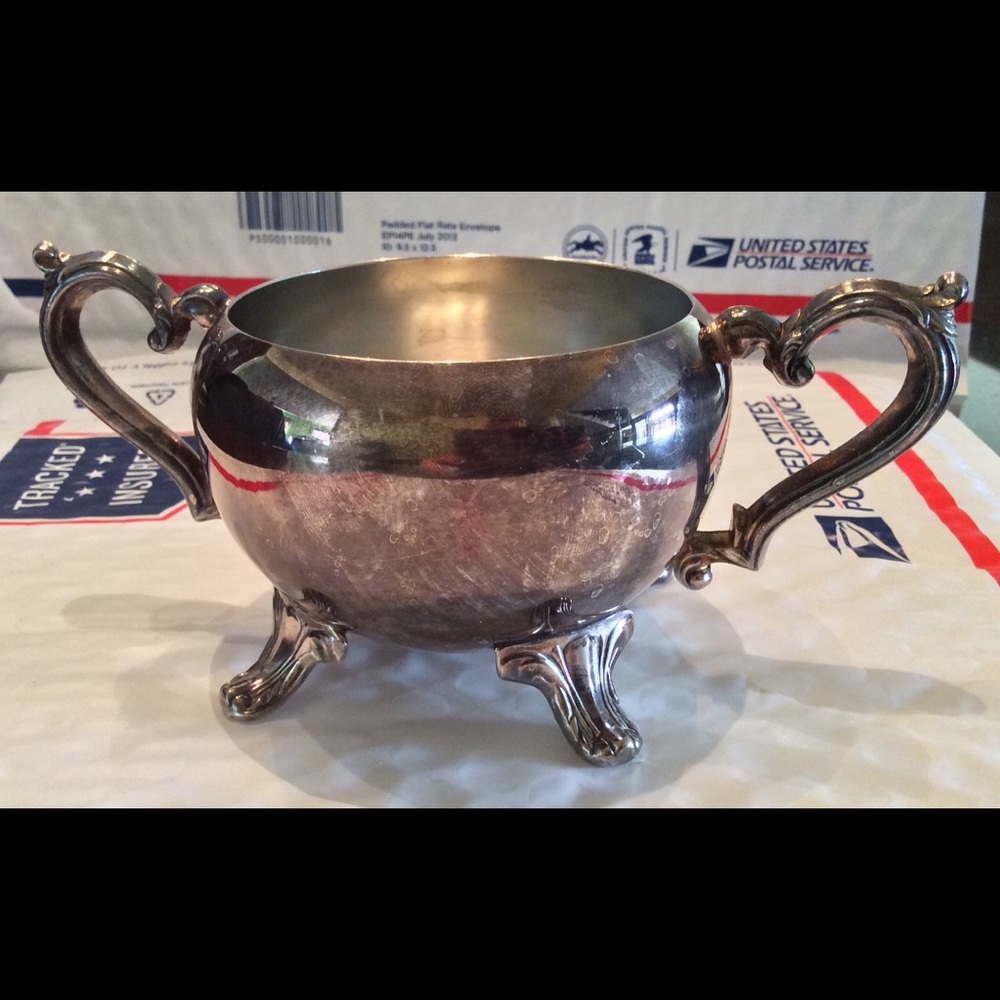 Silver Plate Sugar Bowl 4 Foot Brocade Style VNTG